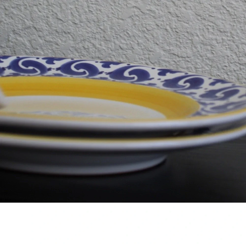 Herend Hungary Village Pottery Blue Scroll Yellow 11 Inch Dinner Plates Set - Picture 9 of 10